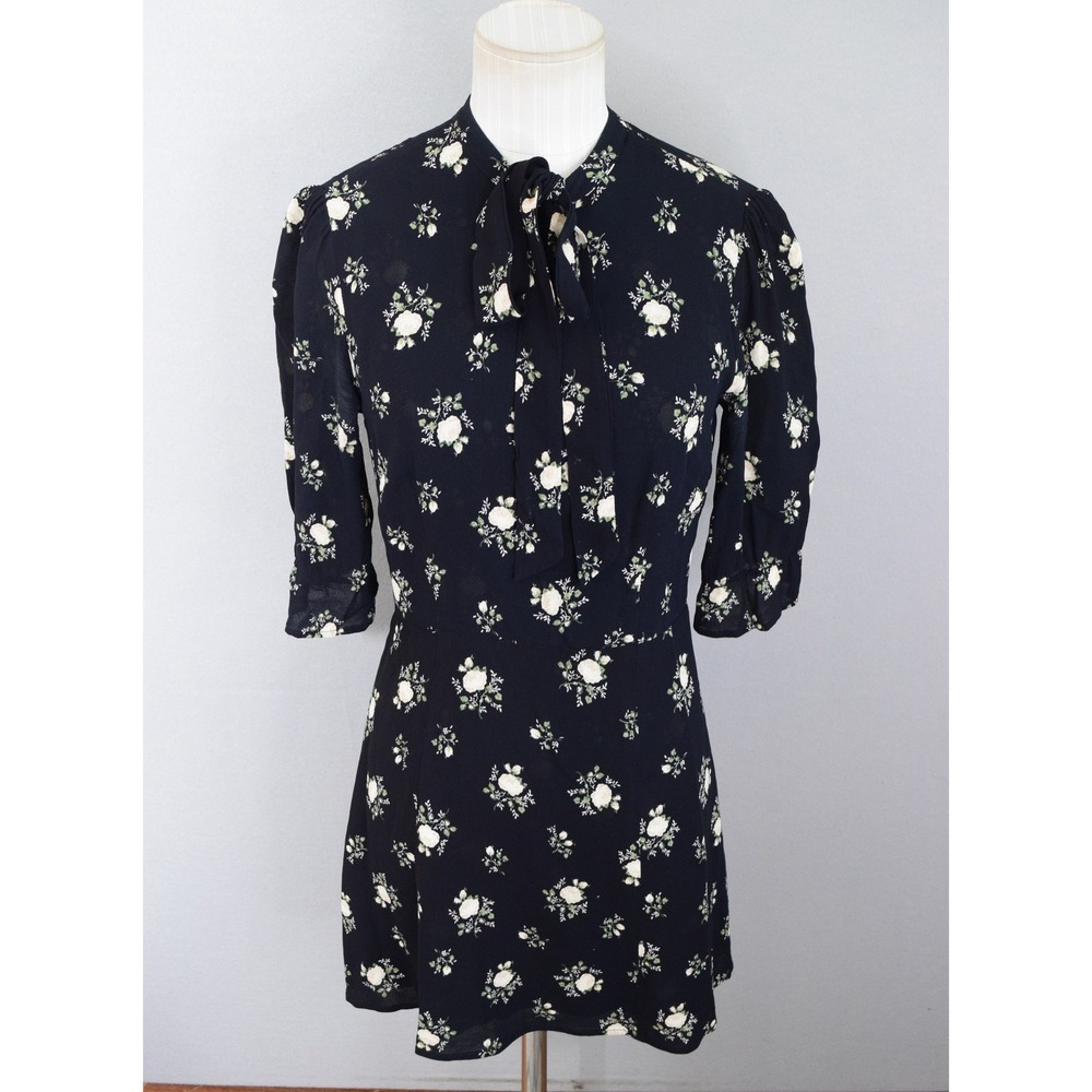 Reformation Cassie Mini Dress 4 Black Floral Tie Neck Dark Floral Puff Sleeve